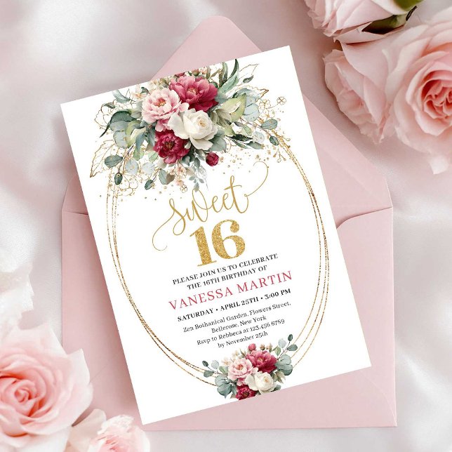 Minimal Red Blush Greenery Gold Sweet 16 Birthday Invitation (Minimal Red Blush Greenery Sweet 16 Birthday Invite)