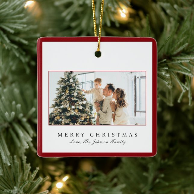 Minimal Red Border Photo Elegant Christmas Ceramic Ornament (Tree)