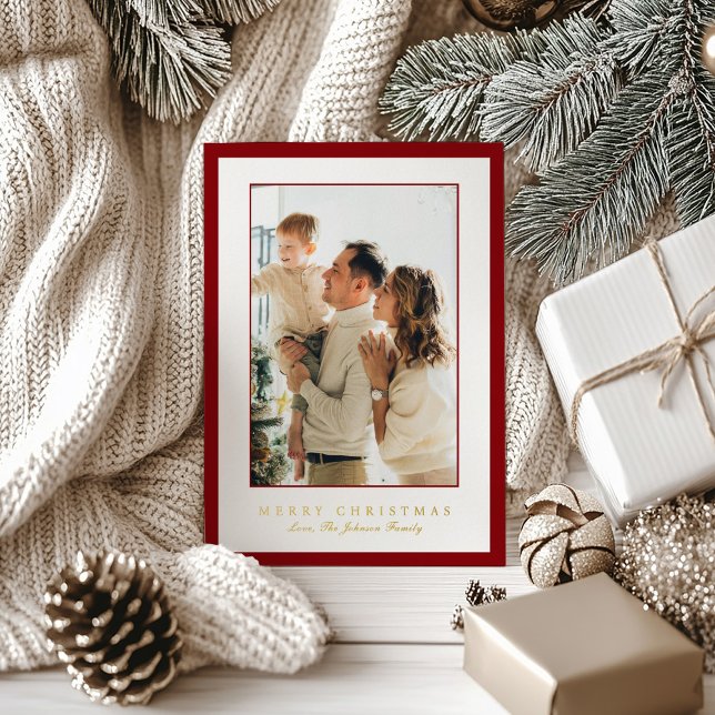 Minimal Red Border Photo Elegant Christmas Foil Holiday Card (Creator Uploaded)