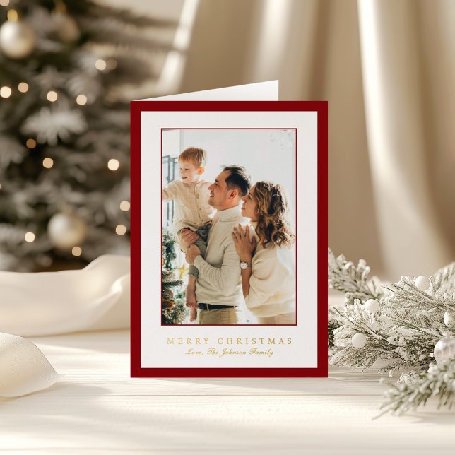 Minimal Red Border Photo Elegant Christmas Foil Holiday Card (Creator Uploaded)