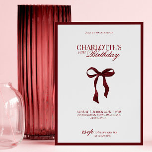 Minimal Red & Burgundy Bow Birthday Invitation