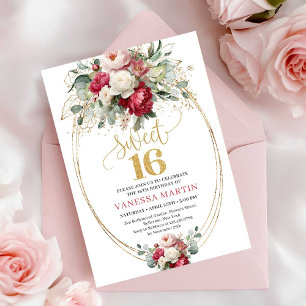 Minimal Red Burgundy Floral Sweet Sixteen Invite