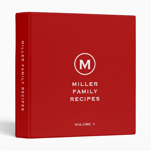 Minimal Red Family Monogram Recipe 3 Ring Binder