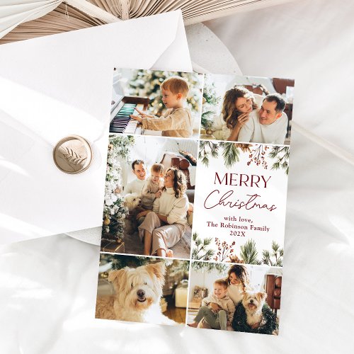 Minimal Red Gold 5 Photo Grid Christmas Card