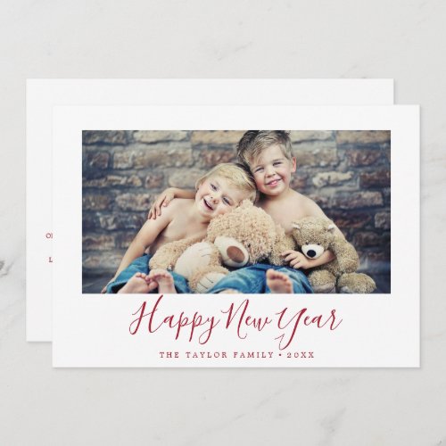 Minimal Red Happy New Year Family News Landscape Holiday Card