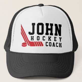 Minimal Red Hockey Stick & Puck Trucker Hat