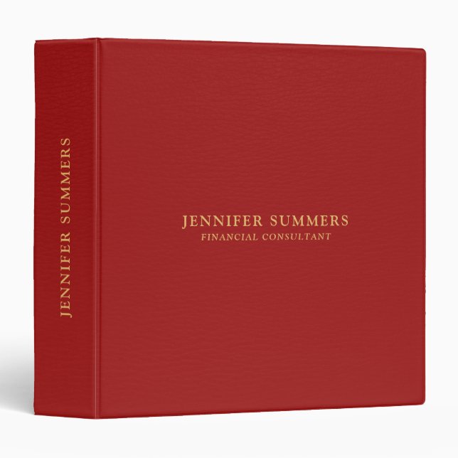 Minimal Red Leather Texture Gold Typography 3 Ring Binder (Front/Spine)