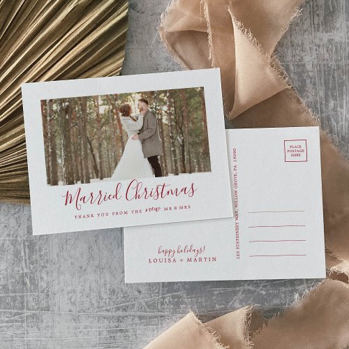 Minimal Red Married Christmas Newlywed Thank You Holiday Postcard