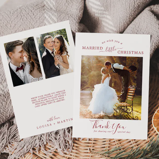 Minimal Red Married Little Christmas 3 Pic Thanks Holiday Card | Zazzle