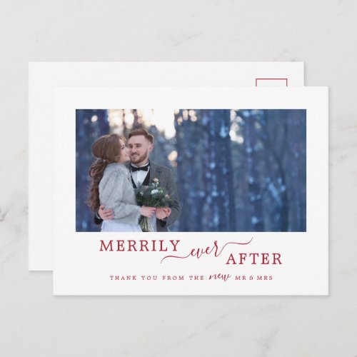 Minimal Red Merrily Ever After Newlywed Thank You Holiday Postcard