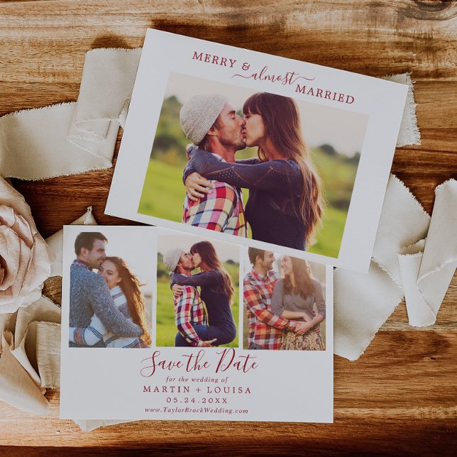Minimal Red Merry Almost Married HZ Save the Date Holiday Card (Creator Uploaded)