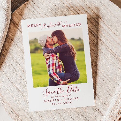 Minimal Red Merry  Almost Married Save the Date Holiday Card