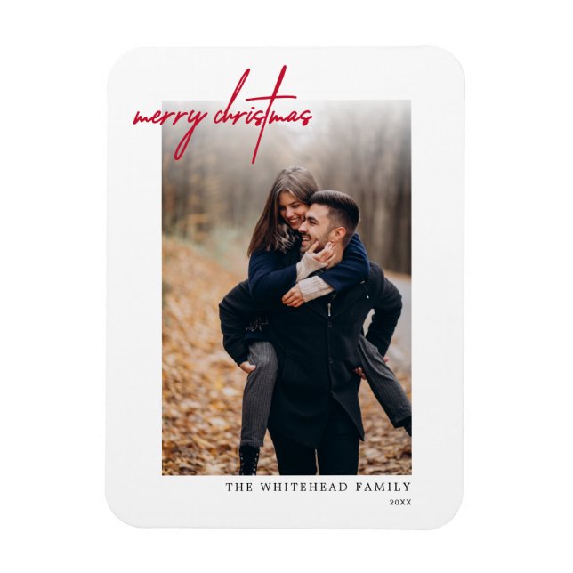 Minimal Red Merry Christmas Card White Magnet (Vertical)