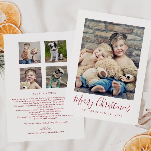 Minimal Red Merry Christmas Family News Portrait Holiday Card