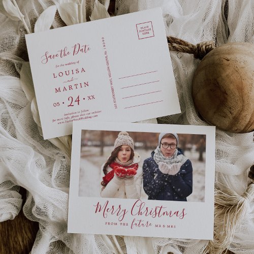 Minimal Red Merry Christmas Save the Date Photo Holiday Postcard