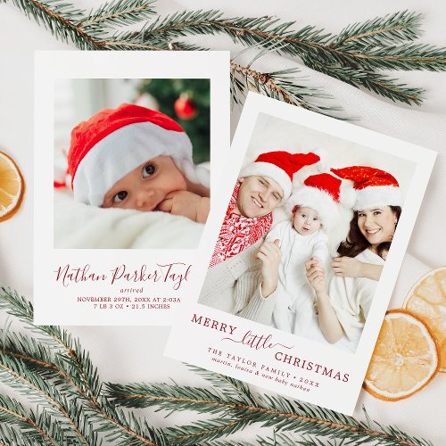 Minimal Red Merry Little Christmas Portrait Birth Holiday Card