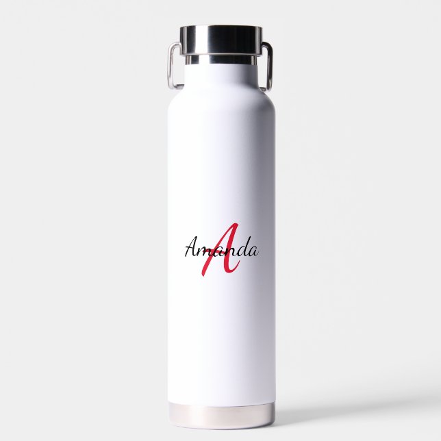 Minimal Red Monogram  First Name & Initial  Water Bottle (Front)