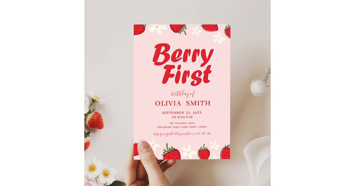 Minimal Red Pink Strawberry Berry First Birthday Invitation | Zazzle
