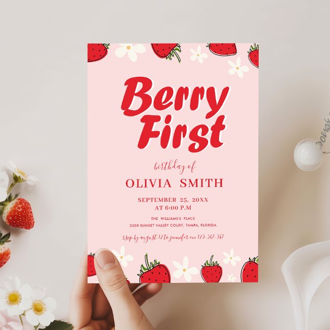 Minimal Red Pink Strawberry Berry First Birthday Invitation (Creator Uploaded)