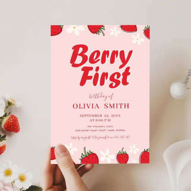 Minimal Red Pink Strawberry Berry First Birthday Invitation | Zazzle