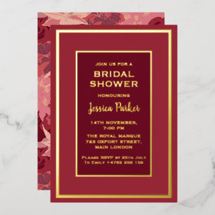 Minimal Red Rose Floral Golden Bridal Shower Foil Invitation