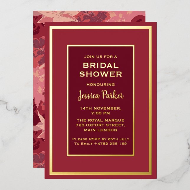 Minimal Red Rose Floral Golden Bridal Shower Foil Invitation (Front/Back)