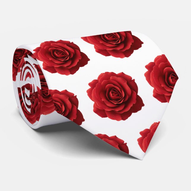 Minimal Red Rose Pattern with Water Droplets Neck Tie (Rolled)