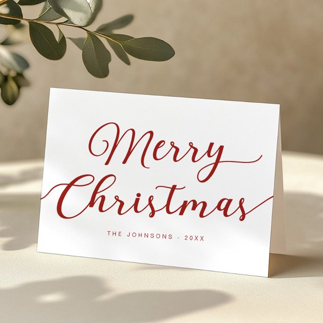Minimal Red Script Merry Christmas Folded Card (Simple Red Script Christmas Card)