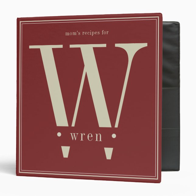 Minimal Red Tan Monogram Mom's Recipes 3 Ring Binder (Front/Inside)