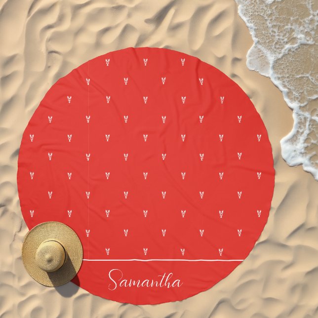 Minimal Red & White Crawfish Pattern Personalized Beach Towel (Beach)