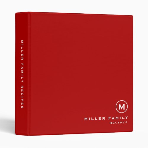 Minimal Red White Family Monogram Recipe 3 Ring Binder