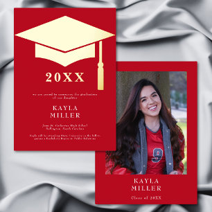 Minimal Red & White Gold Cap Grad Announcement
