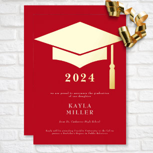 Minimal Red & White Gold Cap Grad Announcement