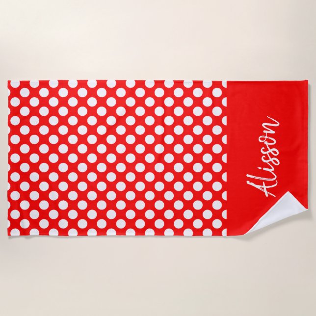 Minimal Red & White Polka Dots Pattern Custom Name Beach Towel (Front)