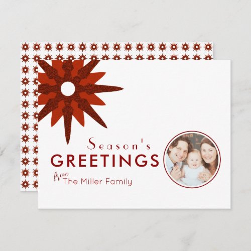 Minimal Red  White Snowflake Photo Holiday Card