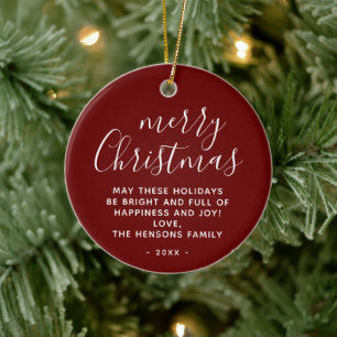 Minimal Red White Wishes Merry Christmas Script Ceramic Ornament