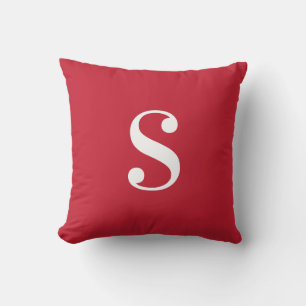 Minimal Red with Large White Monogram Throw Pillow