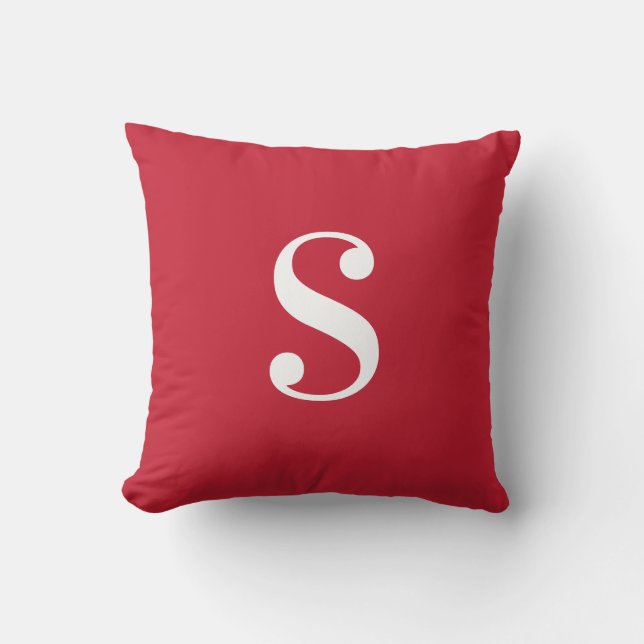 Minimal Red with Large White Monogram Throw Pillow (Front)