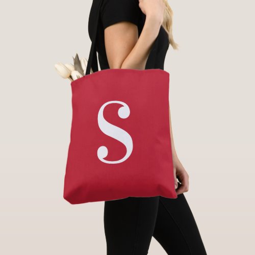 Minimal Red with Large White Monogram Tote Bag