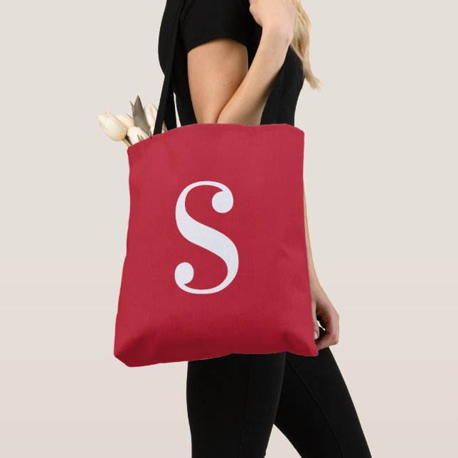 Minimal Red with Large White Monogram Tote Bag (Close Up)