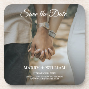 Minimal Replace Your Photo Flat Save The Date Card Beverage Coaster