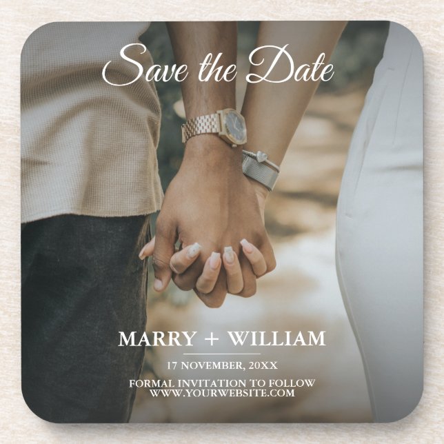 Minimal Replace Your Photo Flat Save The Date Card Beverage Coaster (Front)