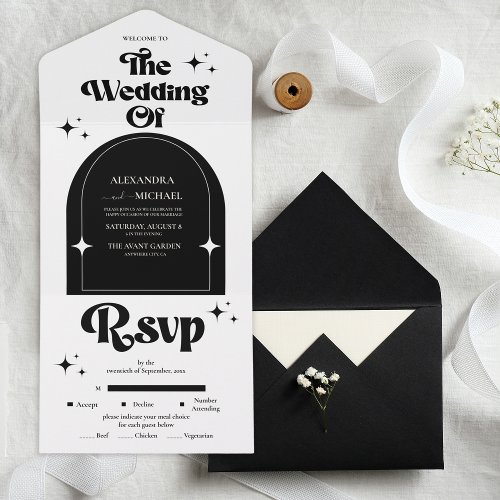 Minimal Retro Arch Black and White Wedding All In  All In One Invitation