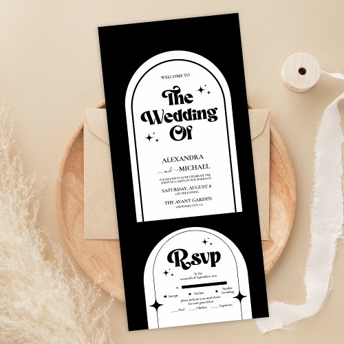 Minimal Retro Arch Black and White Wedding All In One Invitation