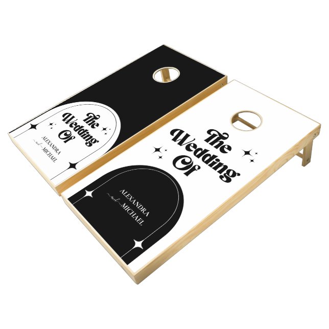 Minimal Retro Arch Black and White Wedding  Cornhole Set (Angled)