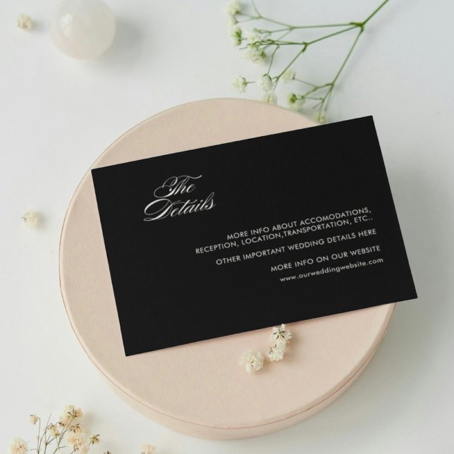 Minimal retro black old money wedding details card (Creator Uploaded)