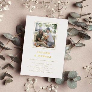 Minimal Retro Font White & Gold Photo Wedding Foil Invitation