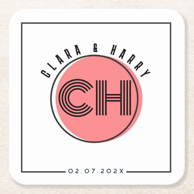 Minimal retro monogram initials Wedding  Square Paper Coaster (Front)