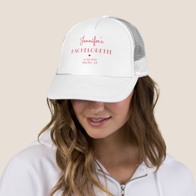 Minimal Retro Red & Pink Personalized Bachelorette Trucker Hat (In Situ)