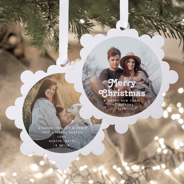 Minimal Retro Typography 2 Photo Merry Christmas Ornament Card (Creator Uploaded)